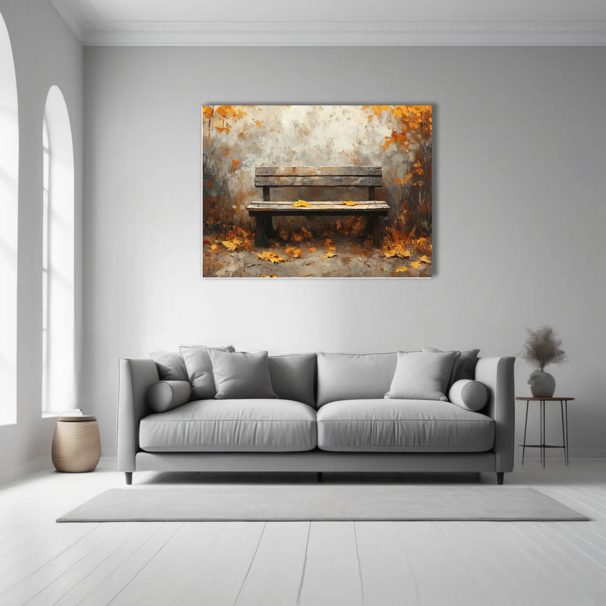 Rustic wooden bench among amber autumn leaves, painterly scene in warm earthy tones