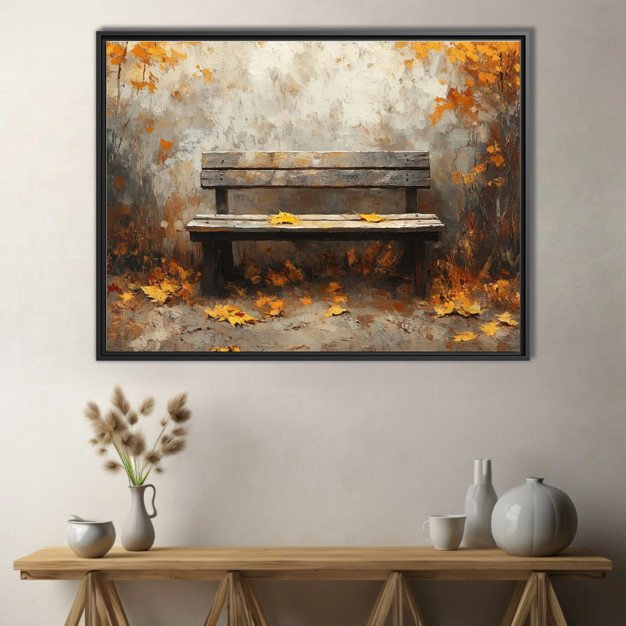 Rustic wooden bench among amber autumn leaves, painterly scene in warm earthy tones