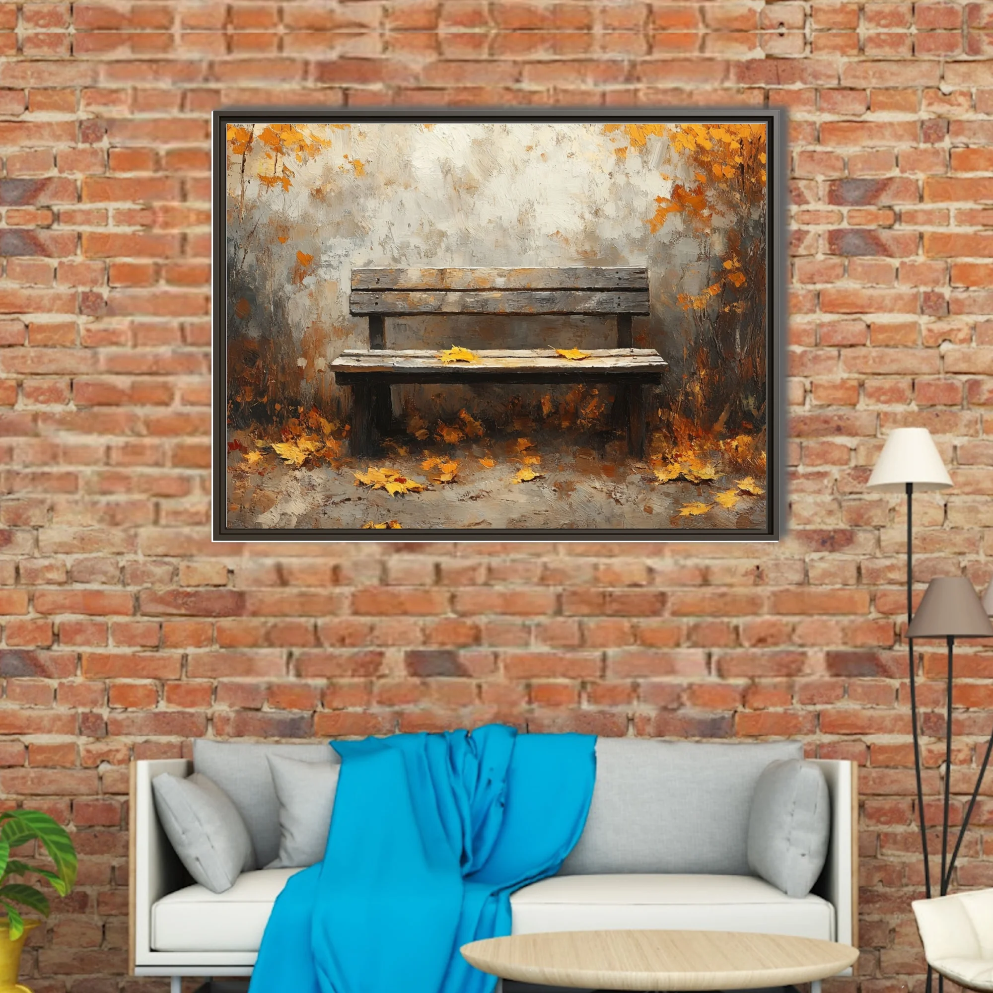 Rustic wooden bench among amber autumn leaves, painterly scene in warm earthy tones