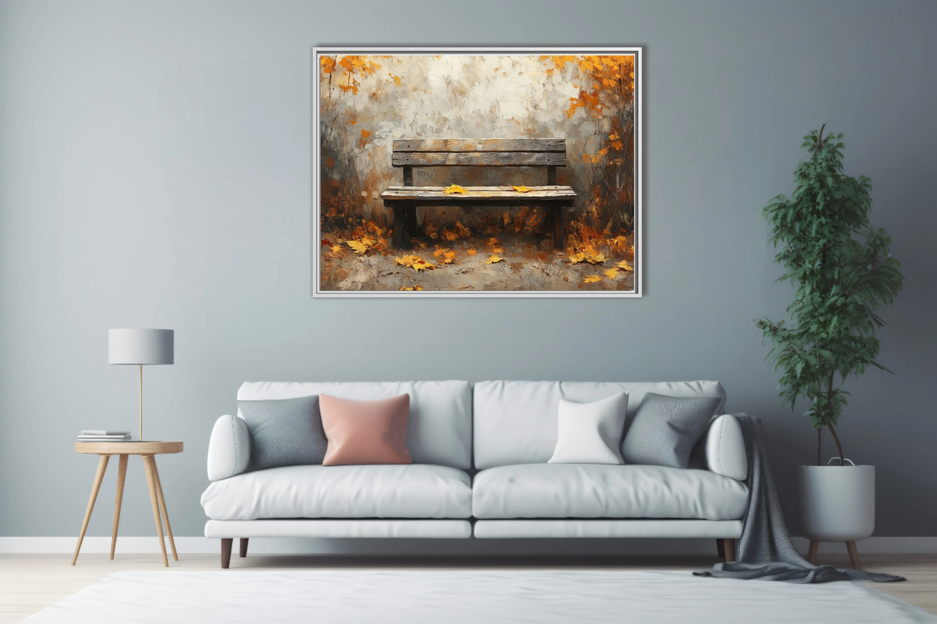 Rustic wooden bench among amber autumn leaves, painterly scene in warm earthy tones