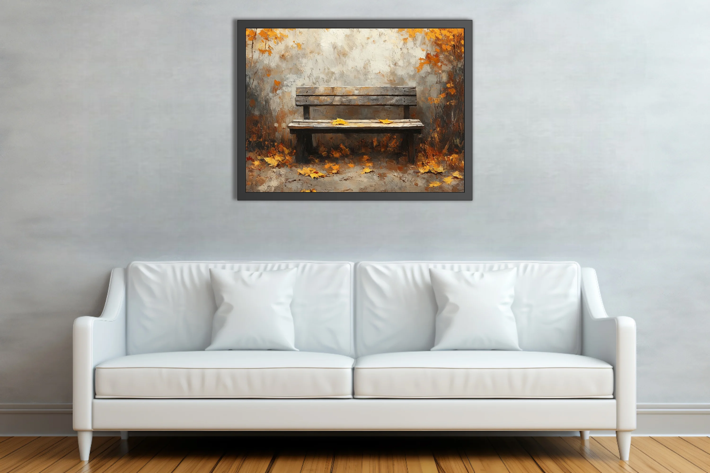 Rustic wooden bench among amber autumn leaves, painterly scene in warm earthy tones