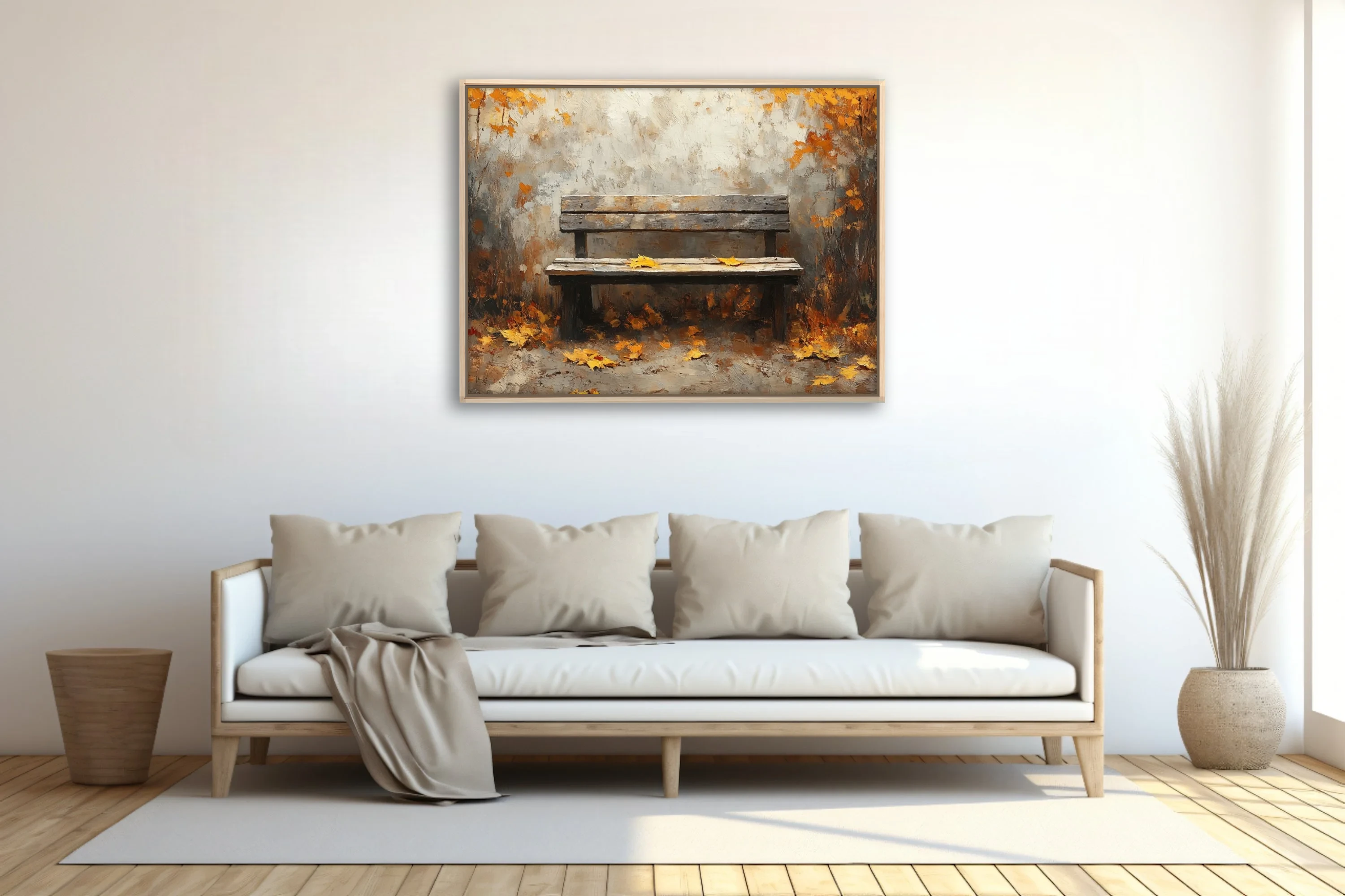Rustic wooden bench among amber autumn leaves, painterly scene in warm earthy tones