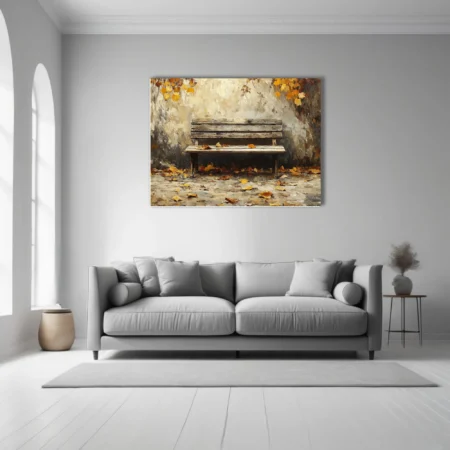Rustic wooden bench with fallen autumn leaves, painterly scene in amber and ochre tones