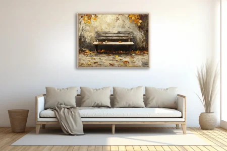 Rustic wooden bench with fallen autumn leaves, painterly scene in amber and ochre tones