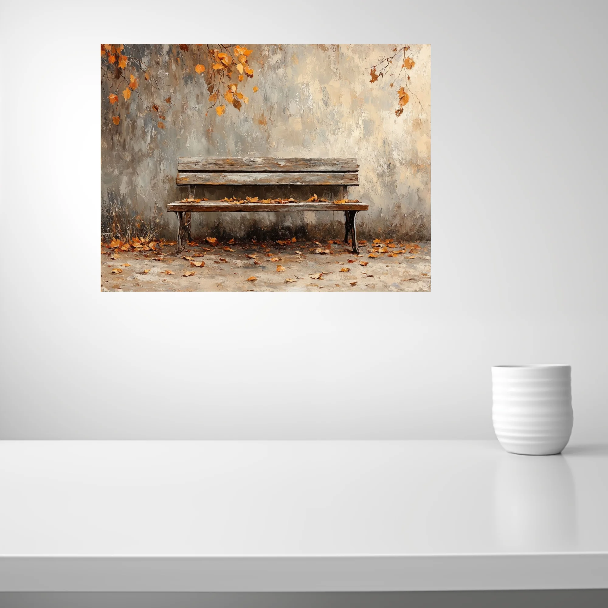 Rustic wooden bench with fallen autumn leaves against weathered wall, seasonal artwork in amber tones