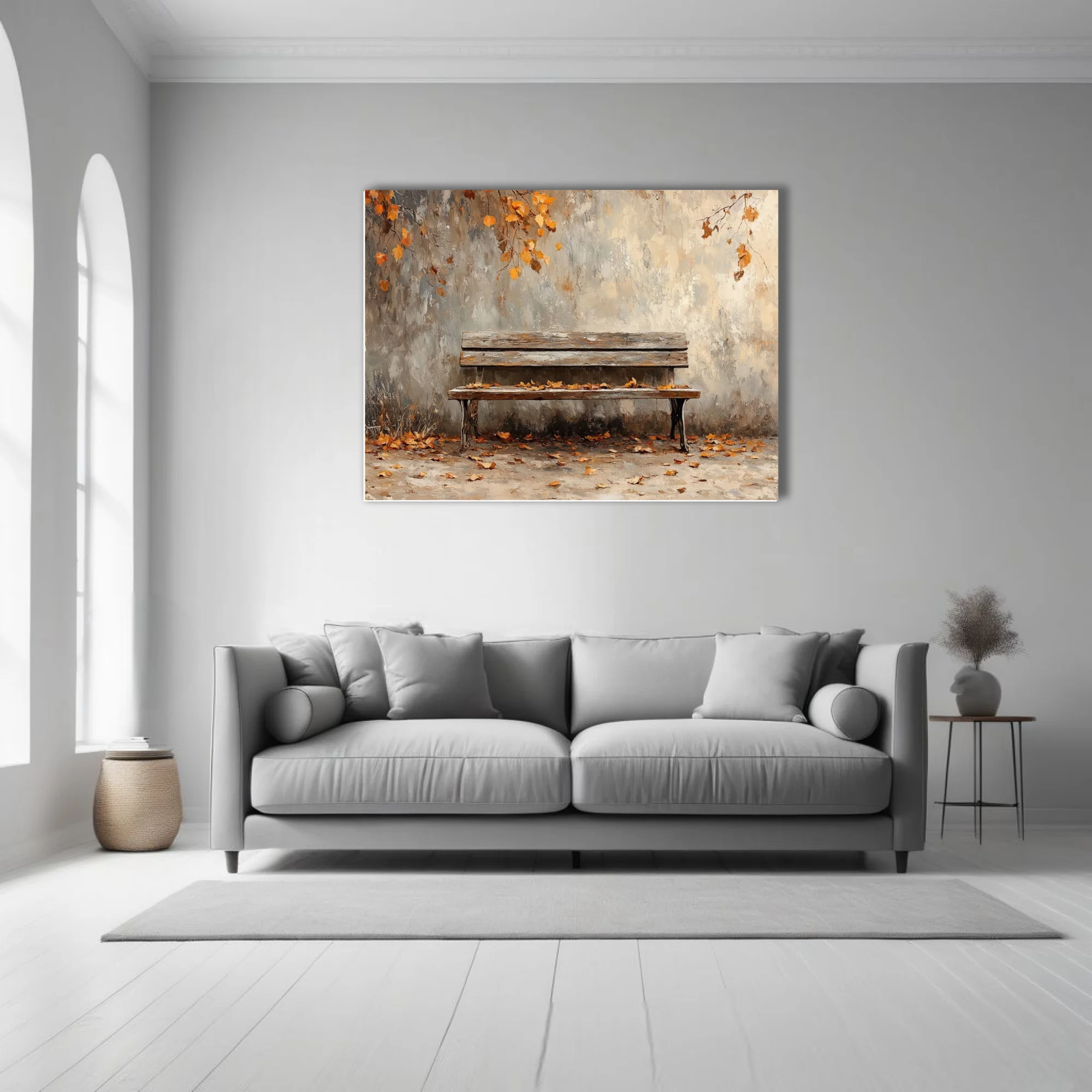 Rustic wooden bench with fallen autumn leaves against weathered wall, seasonal artwork in amber tones