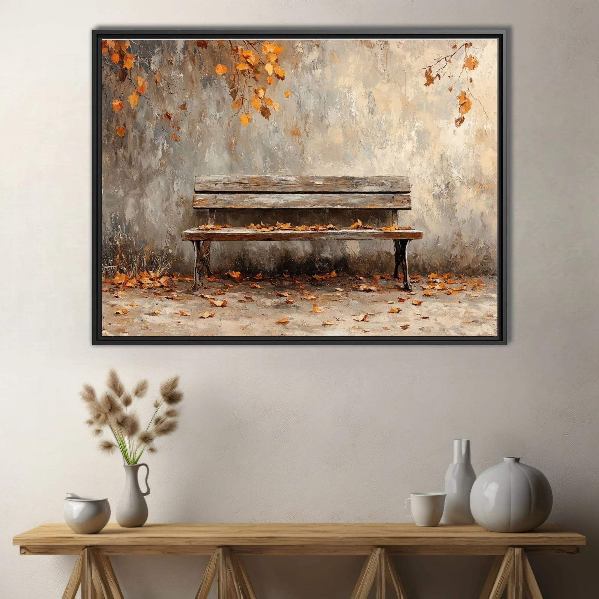 Rustic wooden bench with fallen autumn leaves against weathered wall, seasonal artwork in amber tones