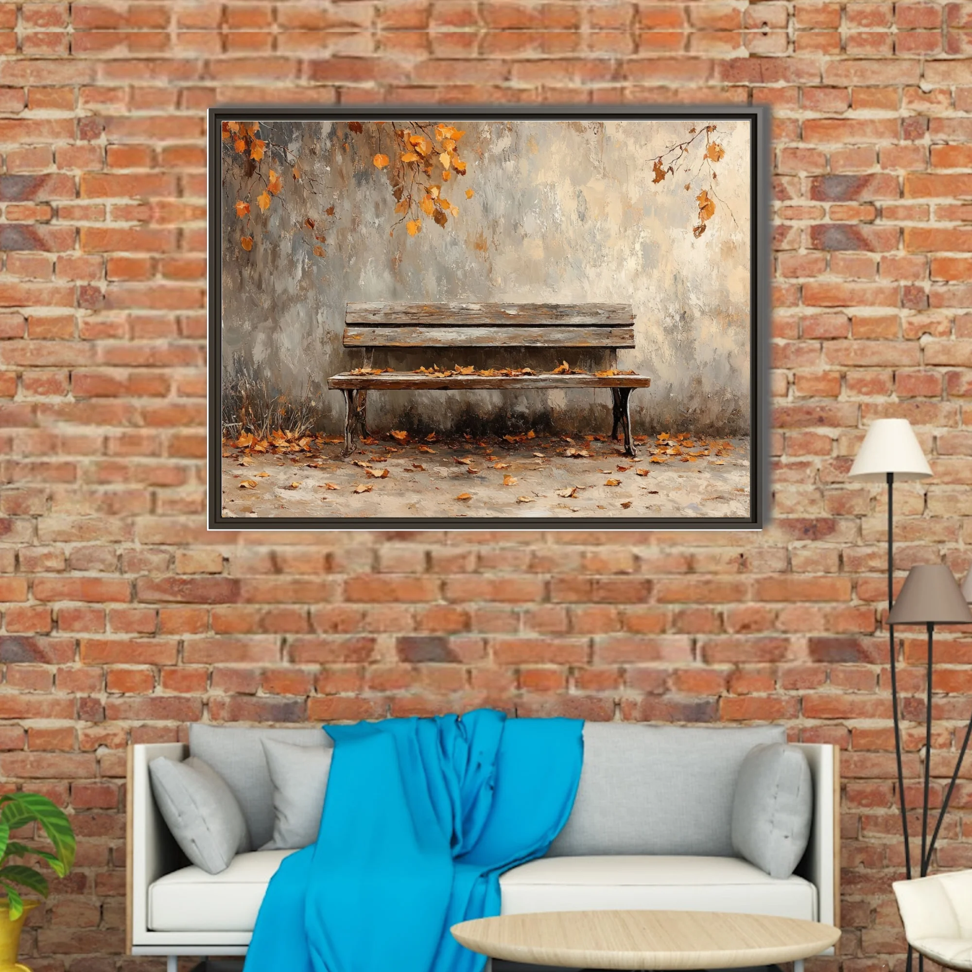 Rustic wooden bench with fallen autumn leaves against weathered wall, seasonal artwork in amber tones