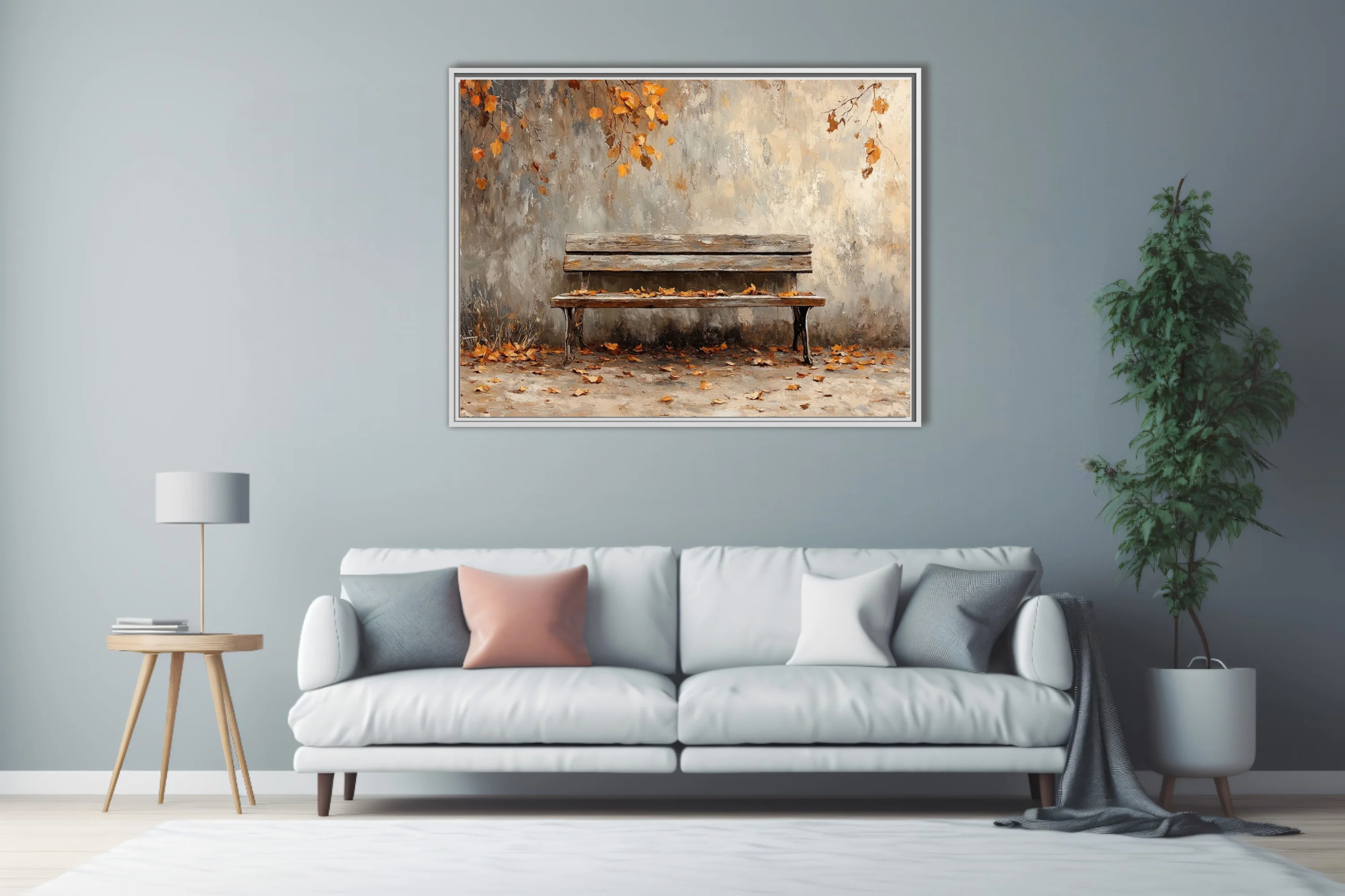Rustic wooden bench with fallen autumn leaves against weathered wall, seasonal artwork in amber tones