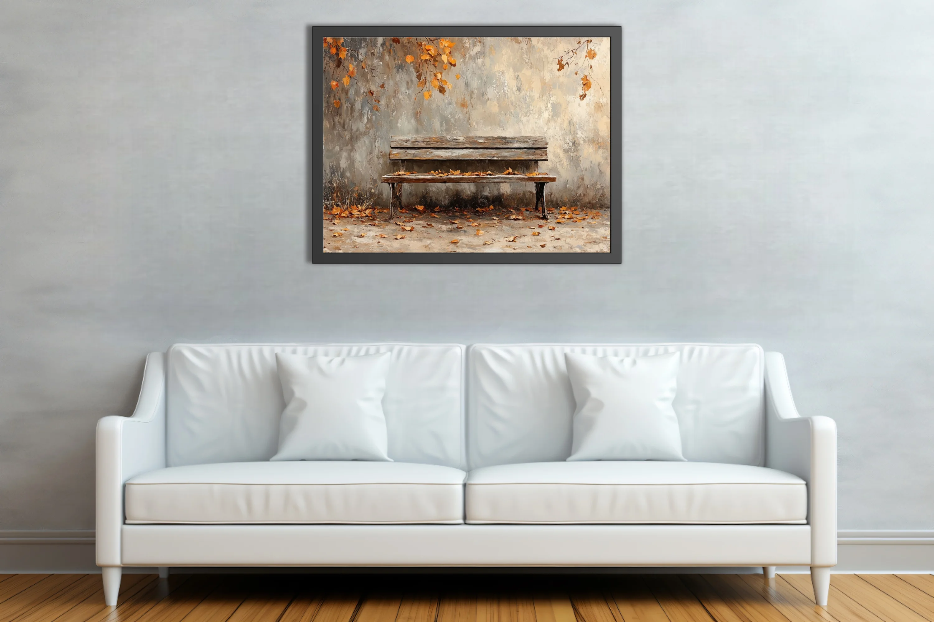 Rustic wooden bench with fallen autumn leaves against weathered wall, seasonal artwork in amber tones
