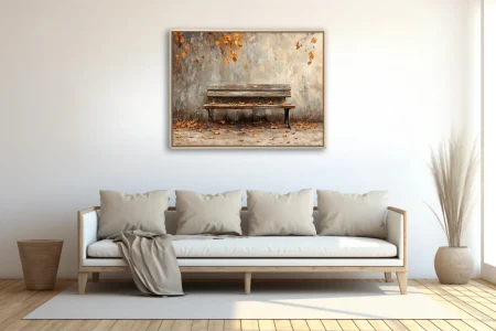 Rustic wooden bench with fallen autumn leaves against weathered wall, seasonal artwork in amber tones