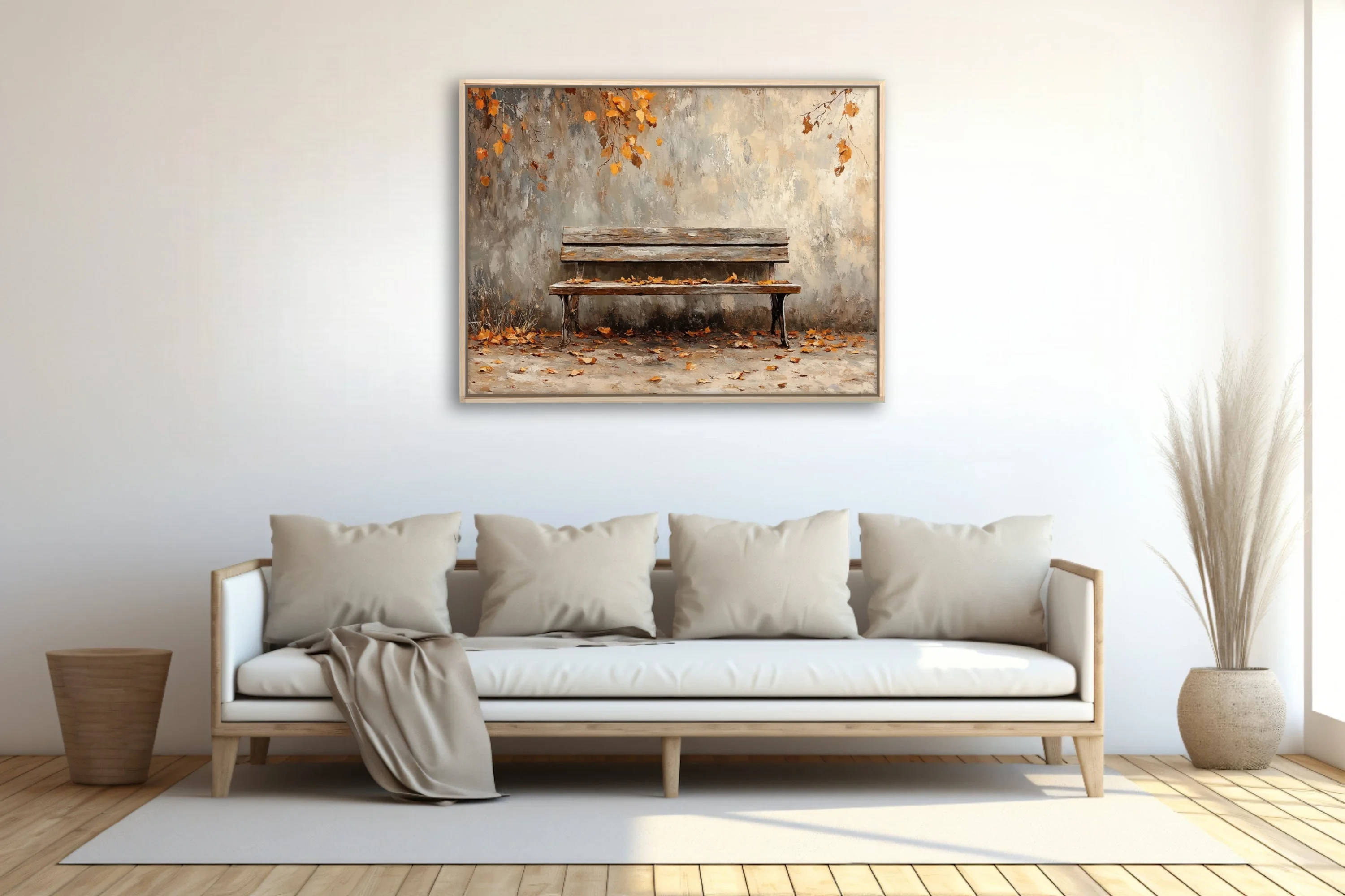 Rustic wooden bench with fallen autumn leaves against weathered wall, seasonal artwork in amber tones