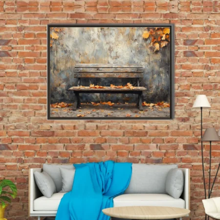 Weathered wooden bench with scattered autumn leaves against textured stone wall, painterly art