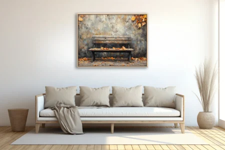 Weathered wooden bench with scattered autumn leaves against textured stone wall, painterly art