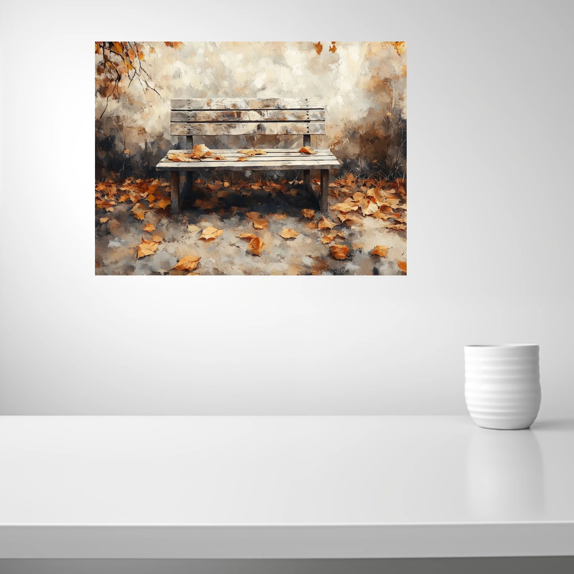 Rustic wooden bench among fallen autumn leaves, painterly landscape in warm amber and cream tones