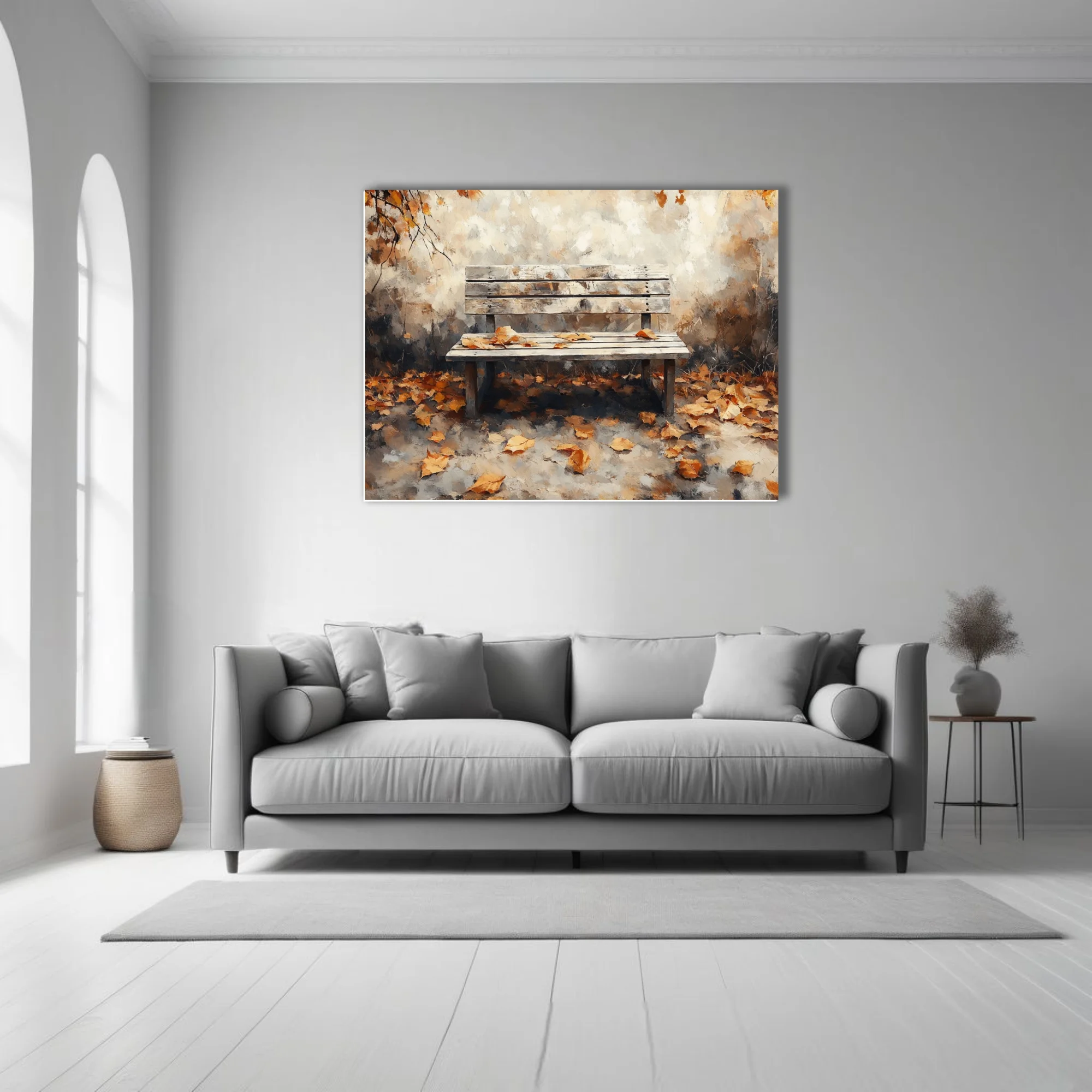 Rustic wooden bench among fallen autumn leaves, painterly landscape in warm amber and cream tones