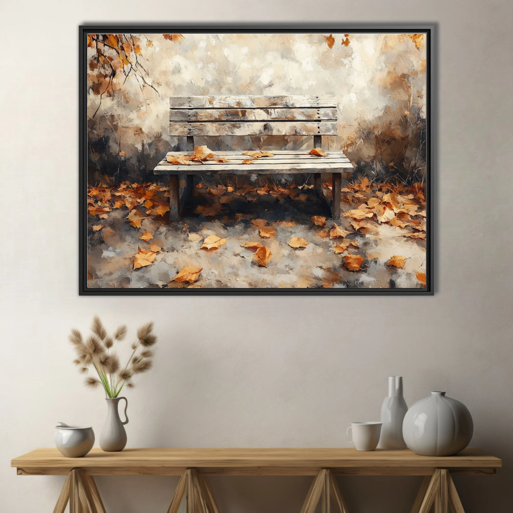 Rustic wooden bench among fallen autumn leaves, painterly landscape in warm amber and cream tones