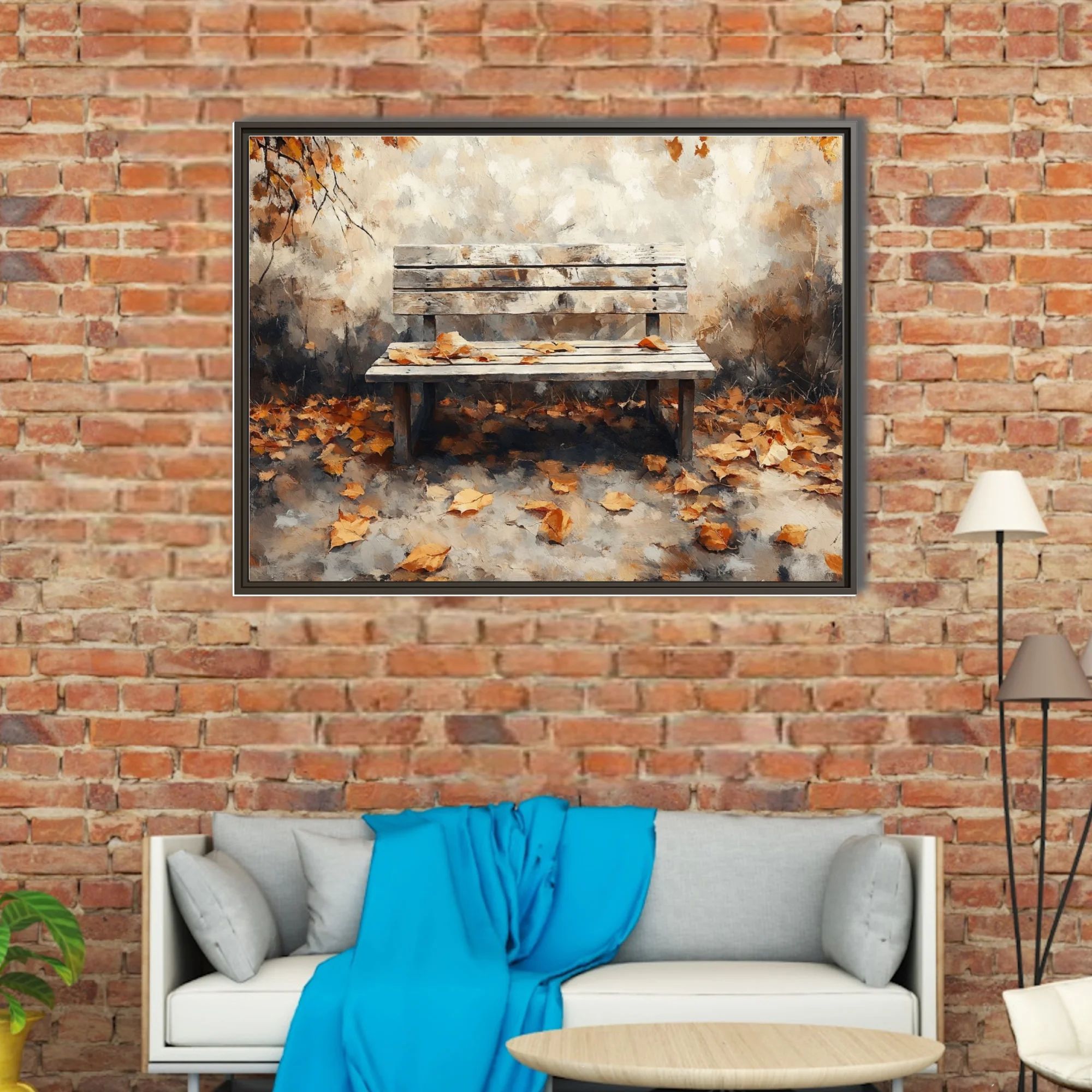Rustic wooden bench among fallen autumn leaves, painterly landscape in warm amber and cream tones
