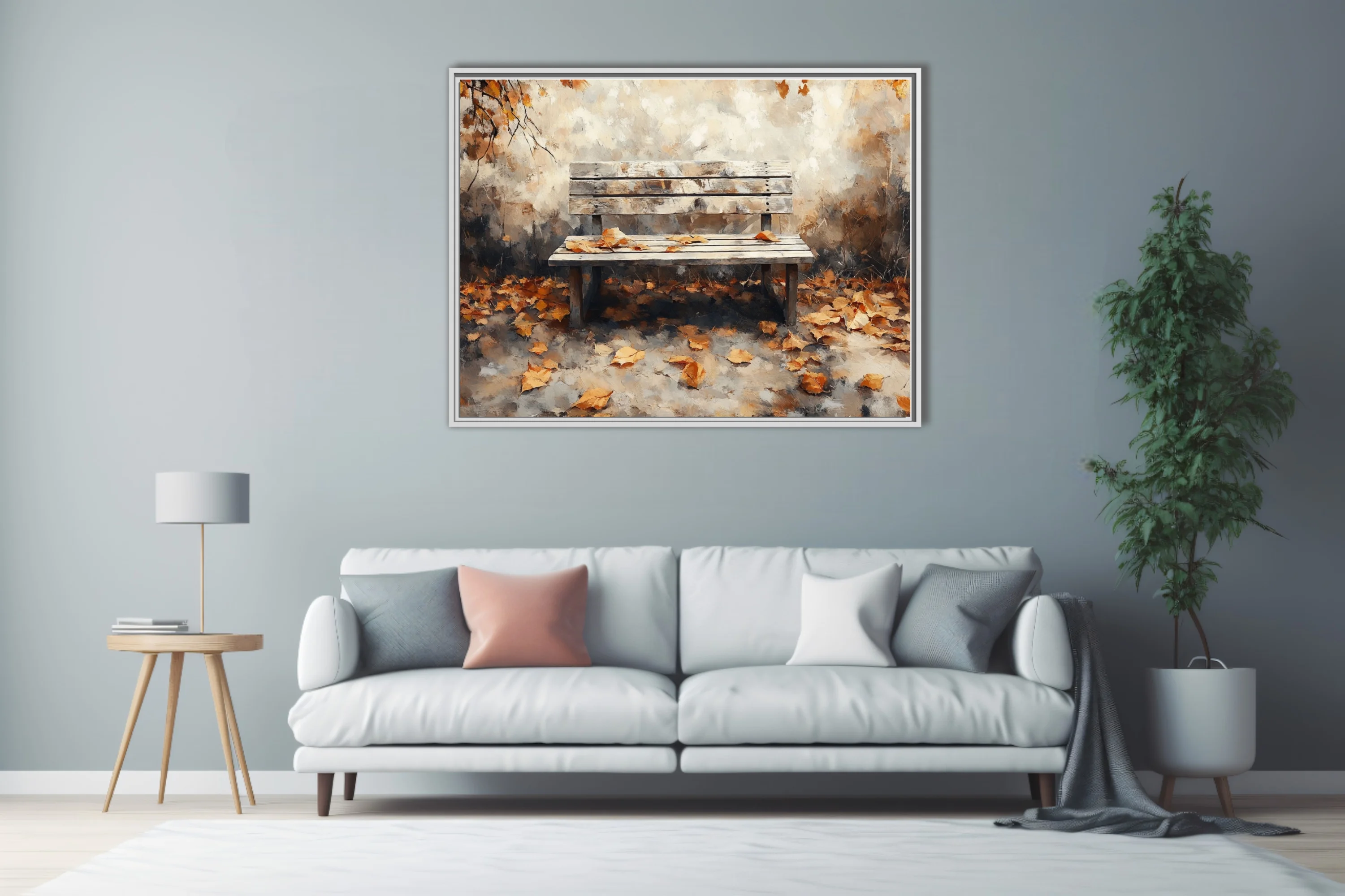 Rustic wooden bench among fallen autumn leaves, painterly landscape in warm amber and cream tones