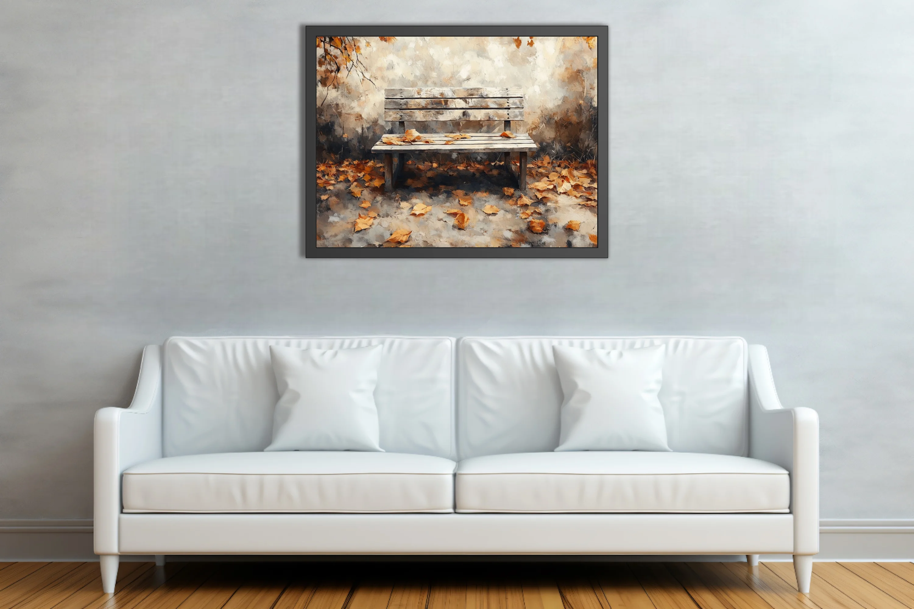 Rustic wooden bench among fallen autumn leaves, painterly landscape in warm amber and cream tones