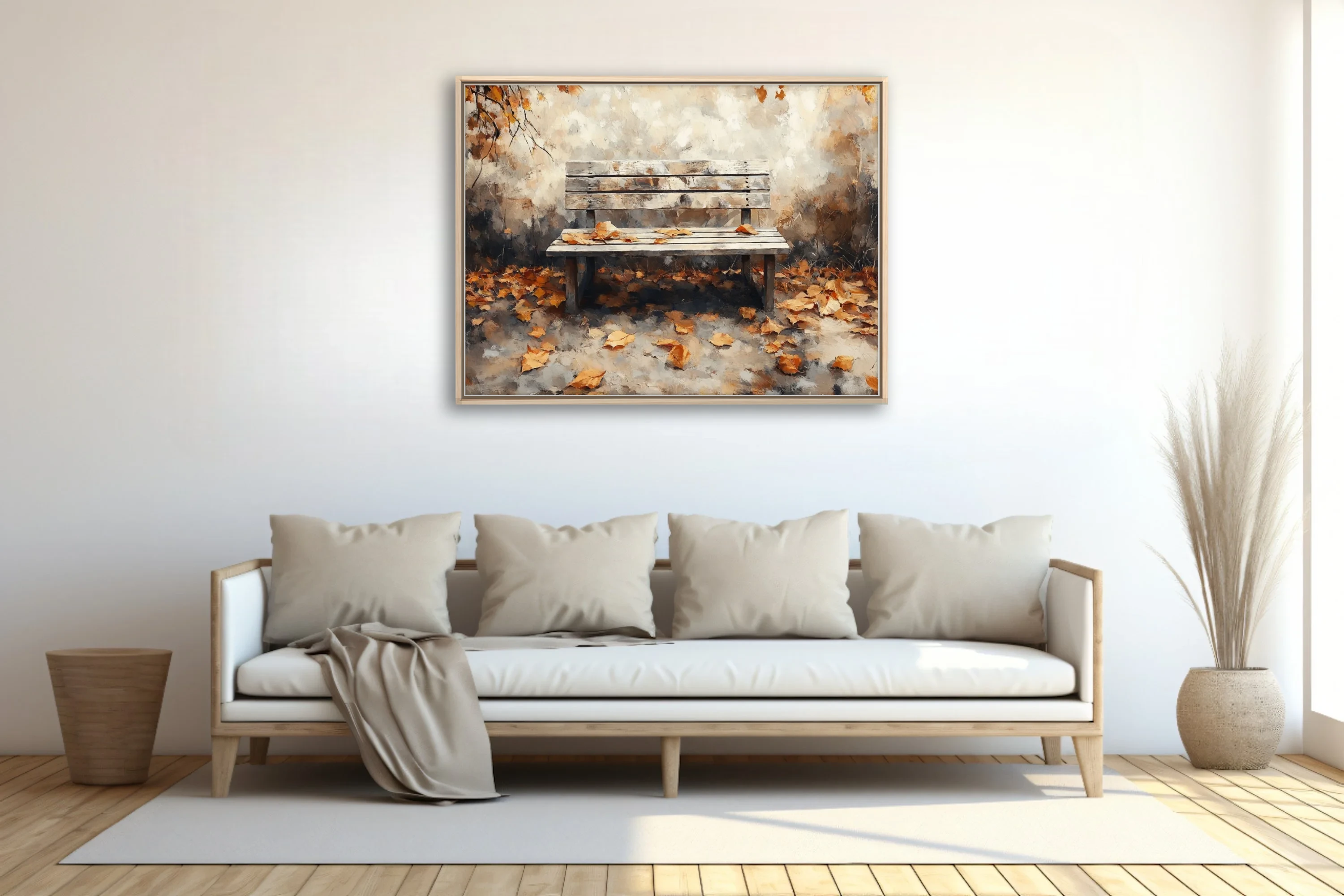Rustic wooden bench among fallen autumn leaves, painterly landscape in warm amber and cream tones