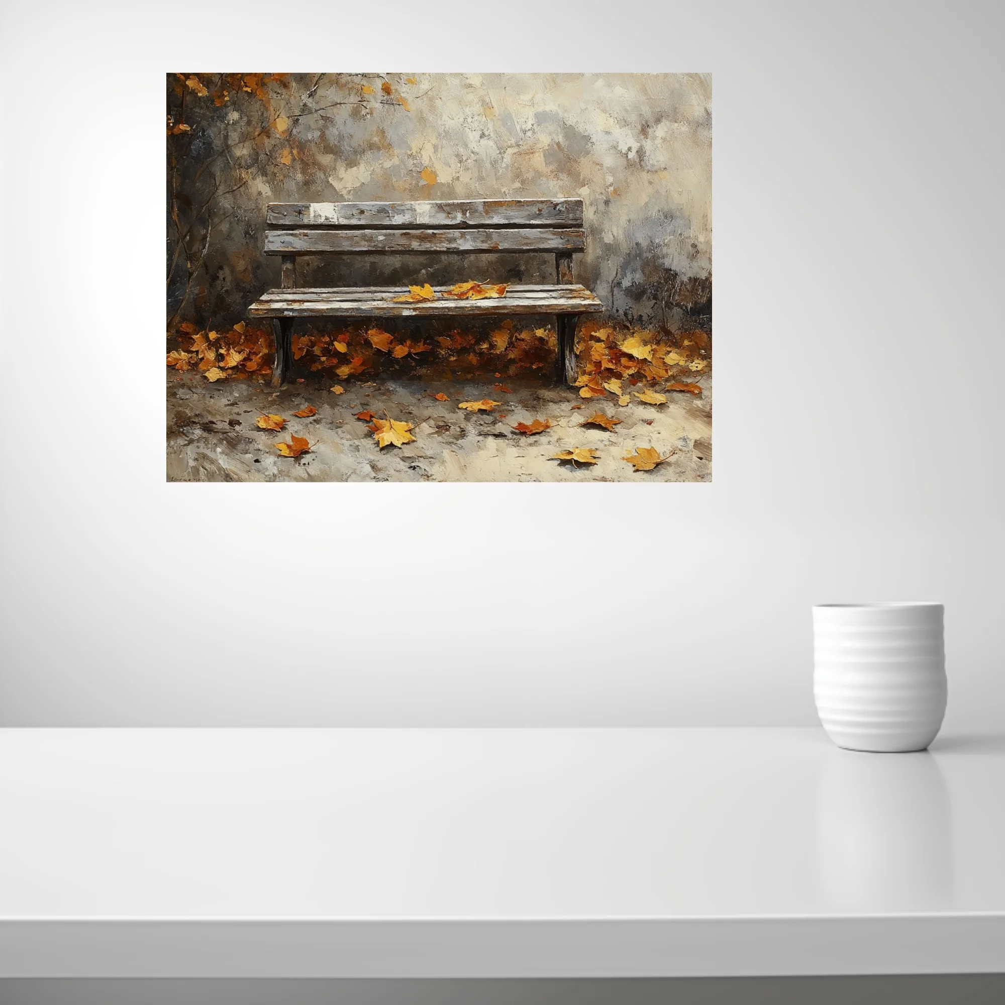 Rustic wooden bench with fallen autumn leaves, warm ochre and amber tones in textured art