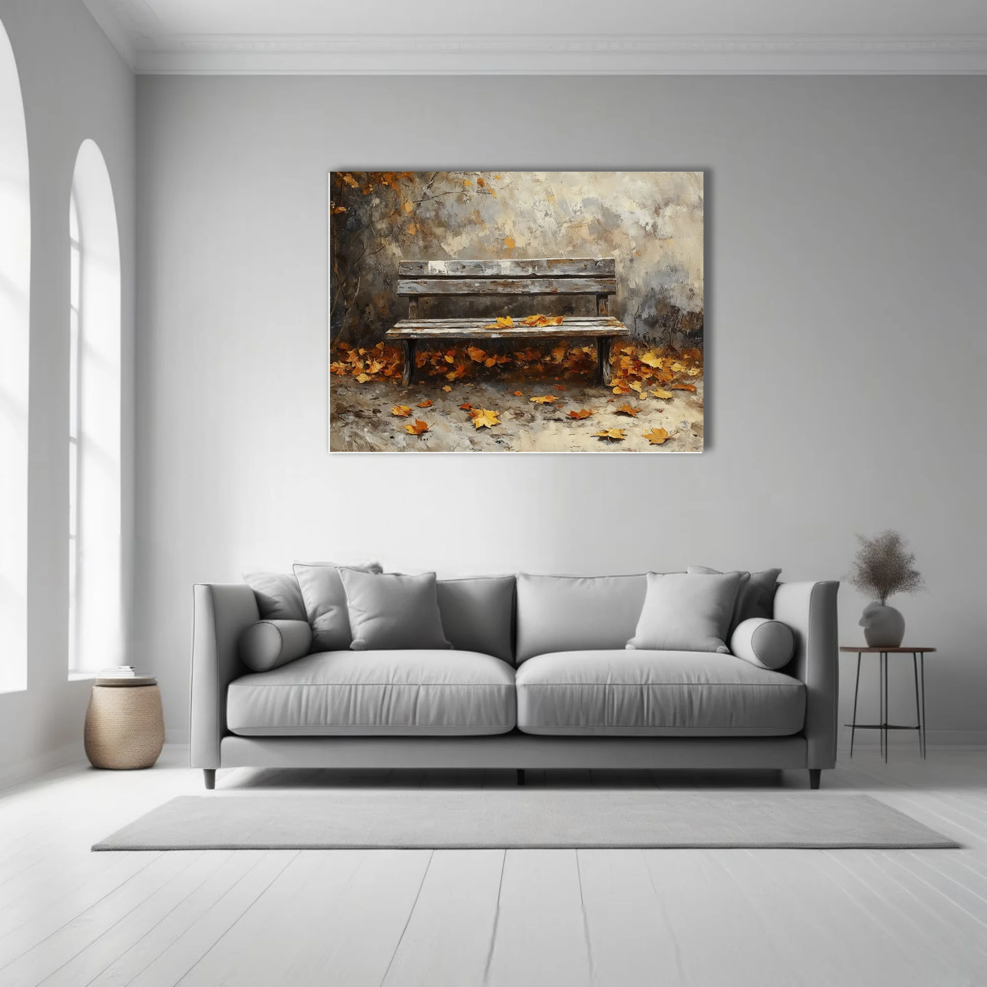 Rustic wooden bench with fallen autumn leaves, warm ochre and amber tones in textured art
