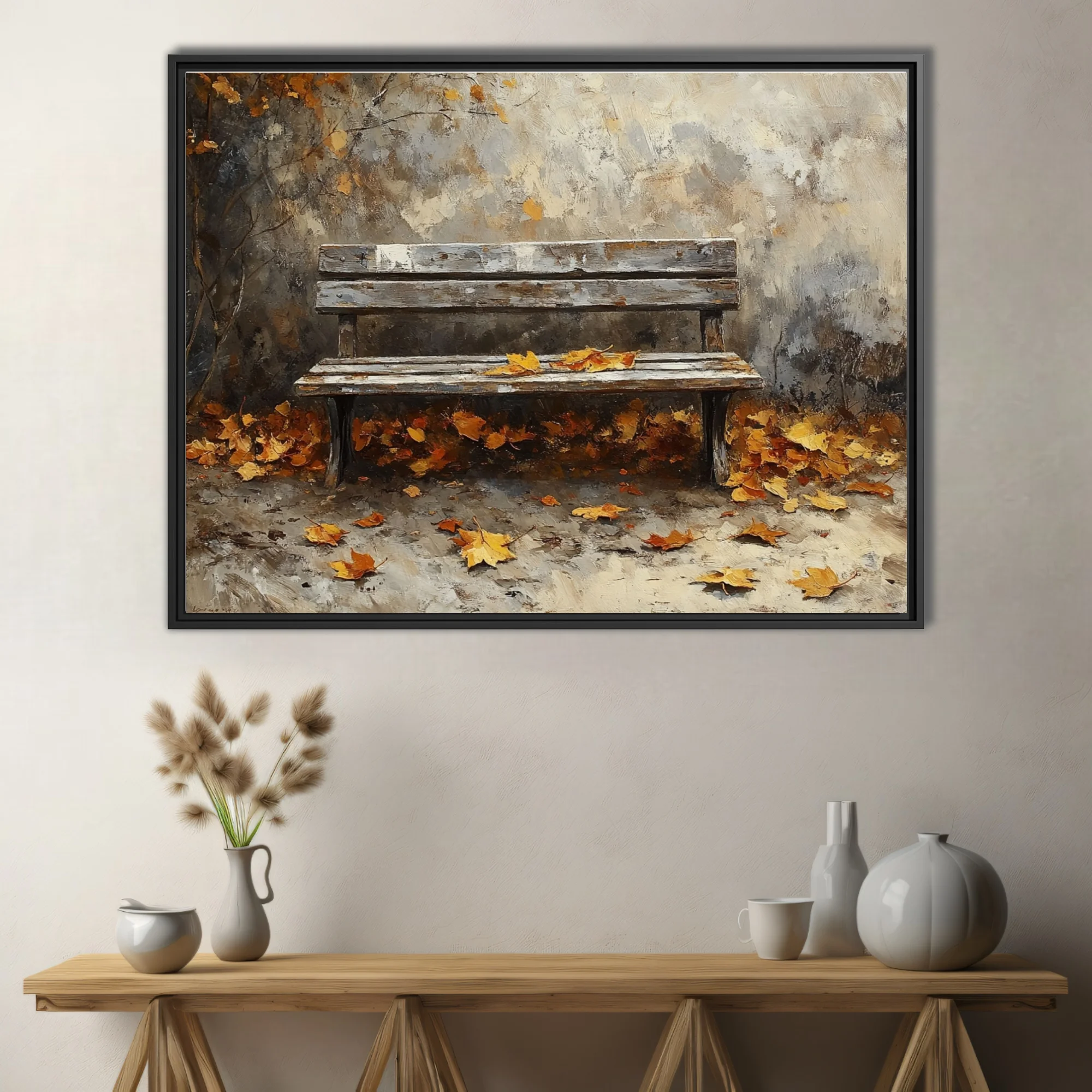 Rustic wooden bench with fallen autumn leaves, warm ochre and amber tones in textured art