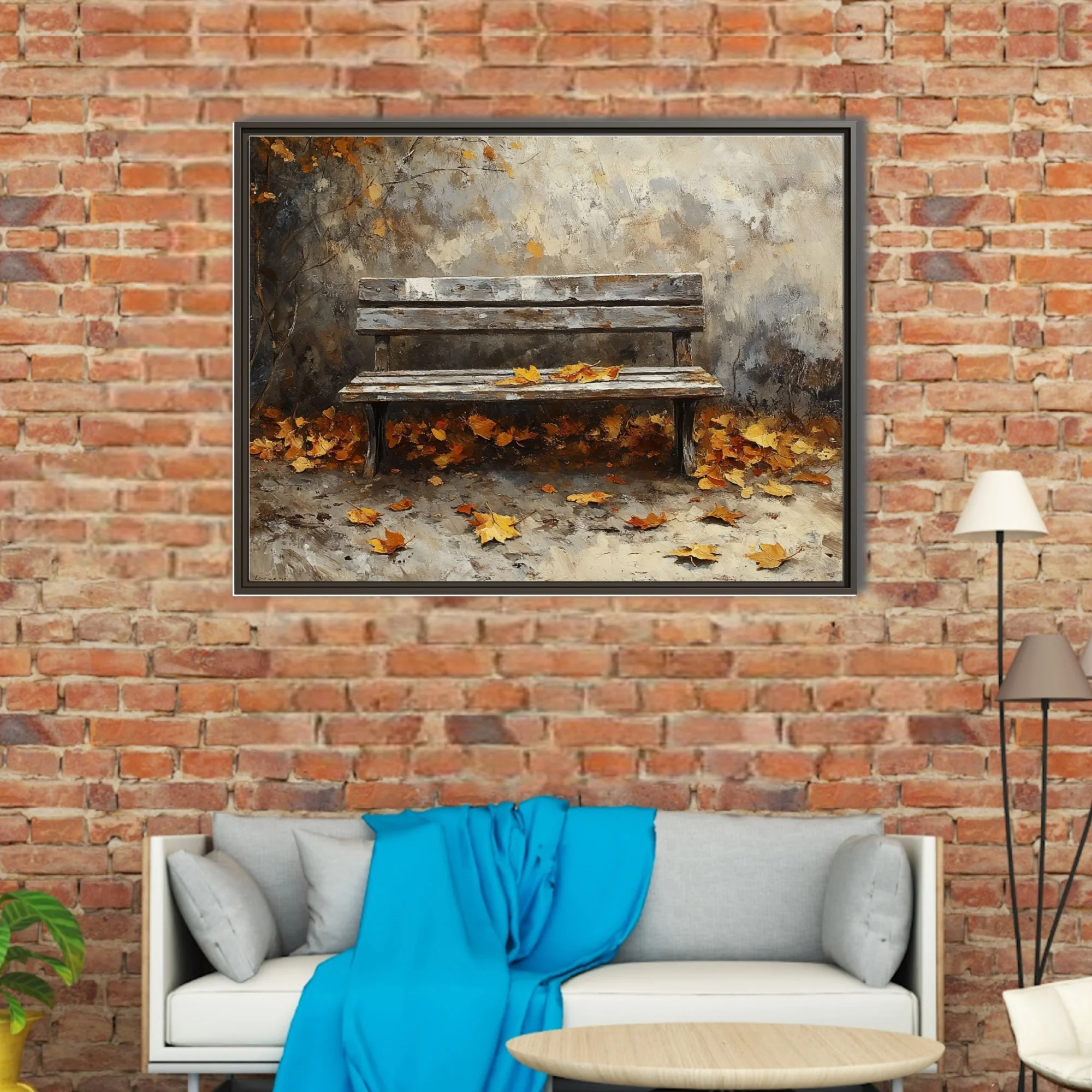 Rustic wooden bench with fallen autumn leaves, warm ochre and amber tones in textured art
