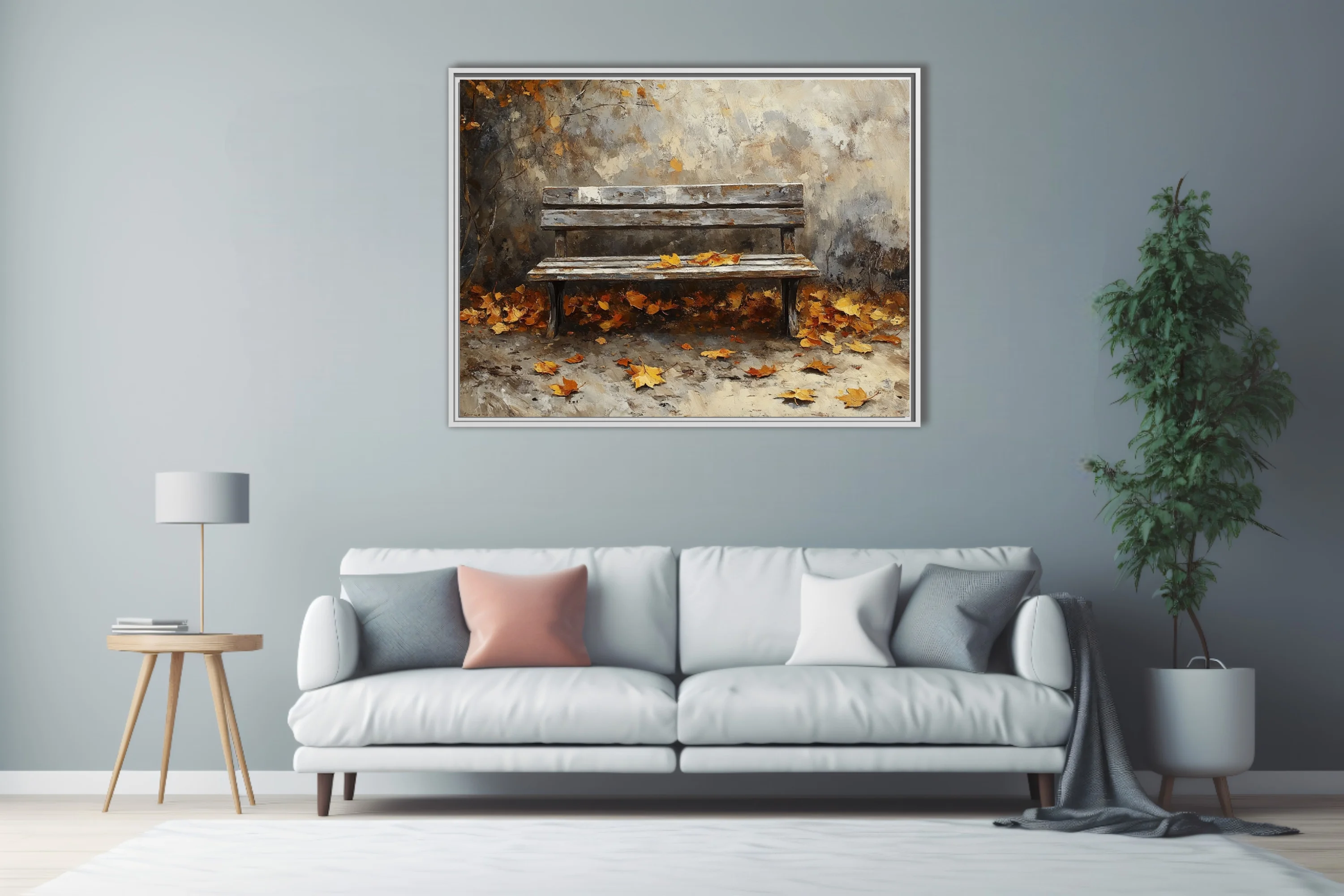 Rustic wooden bench with fallen autumn leaves, warm ochre and amber tones in textured art