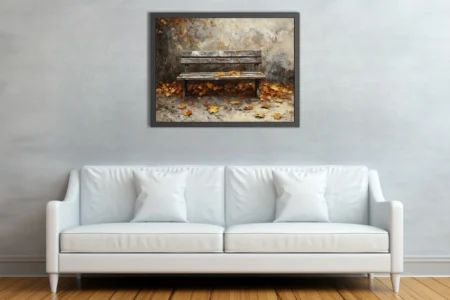 Rustic wooden bench with fallen autumn leaves, warm ochre and amber tones in textured art