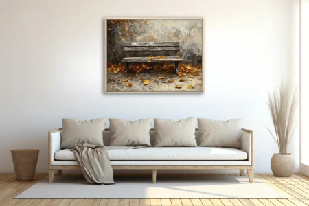 Rustic wooden bench with fallen autumn leaves, warm ochre and amber tones in textured art