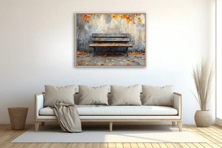 Painterly autumn bench scene with fallen amber leaves and weathered stone wall