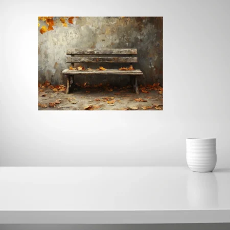 Rustic autumn bench with fallen amber leaves, painterly artwork in warm earth tones