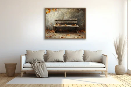 Rustic autumn bench with fallen amber leaves, painterly artwork in warm earth tones