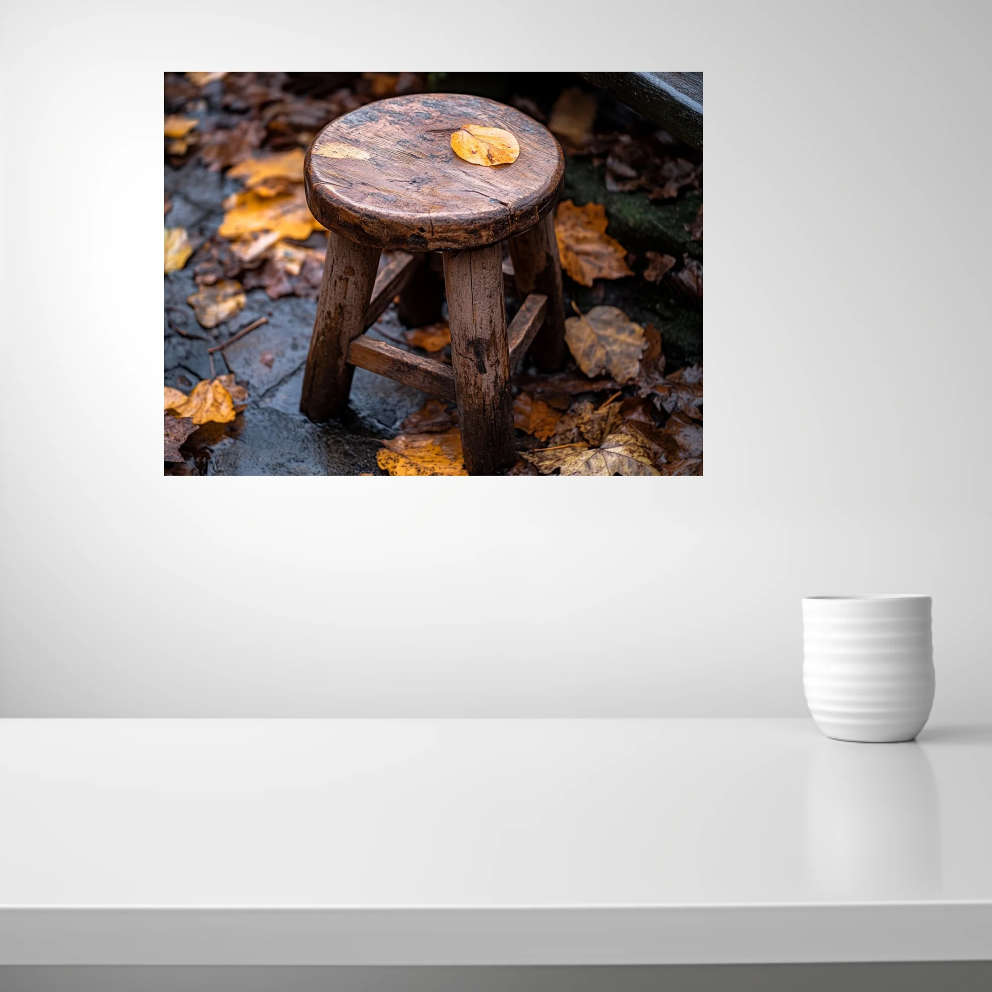 Rustic weathered wooden stool with autumn leaves, earthy amber tones, seasonal still life