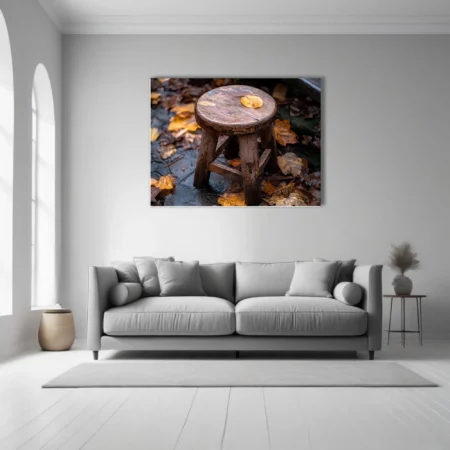Rustic weathered wooden stool with autumn leaves, earthy amber tones, seasonal still life