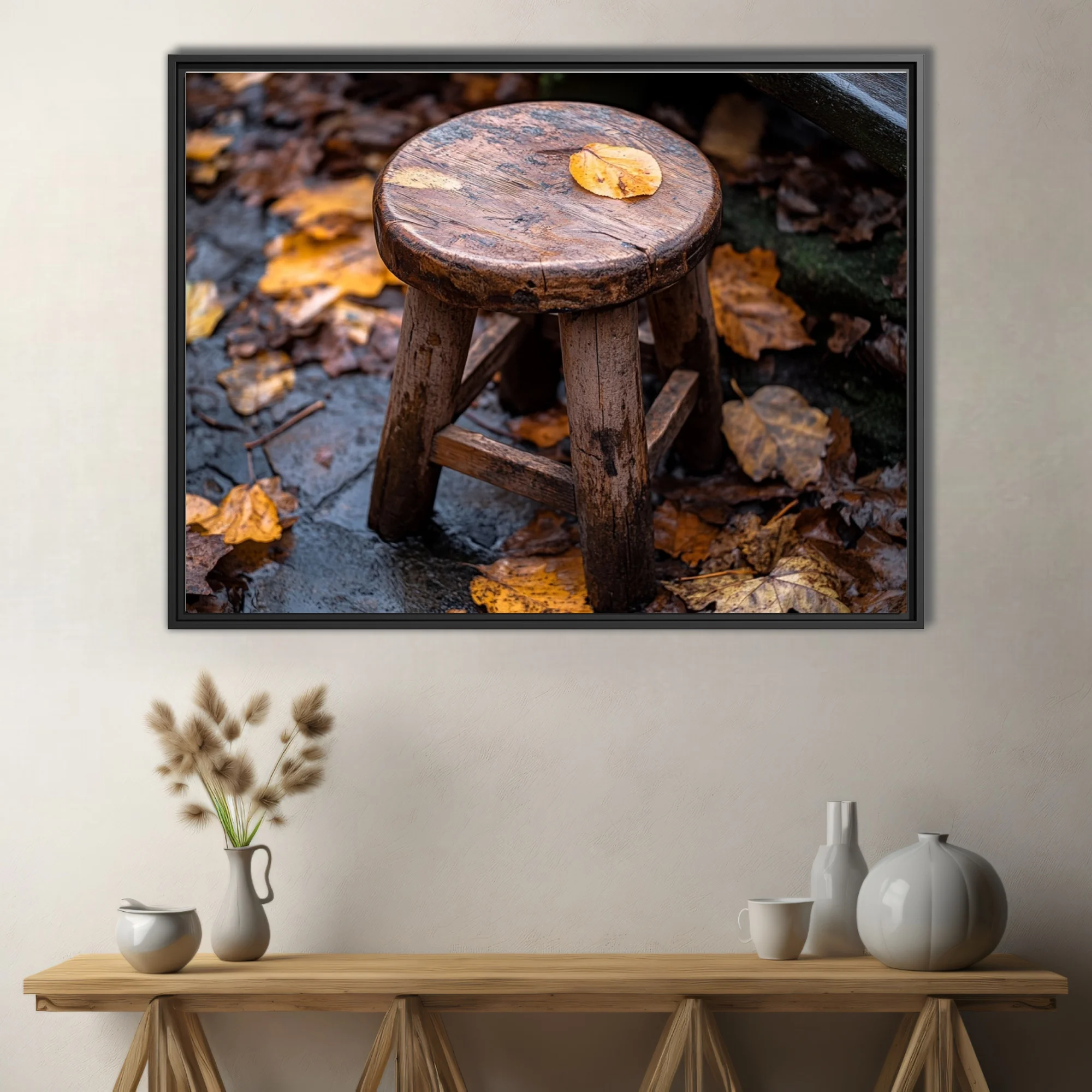 Rustic weathered wooden stool with autumn leaves, earthy amber tones, seasonal still life