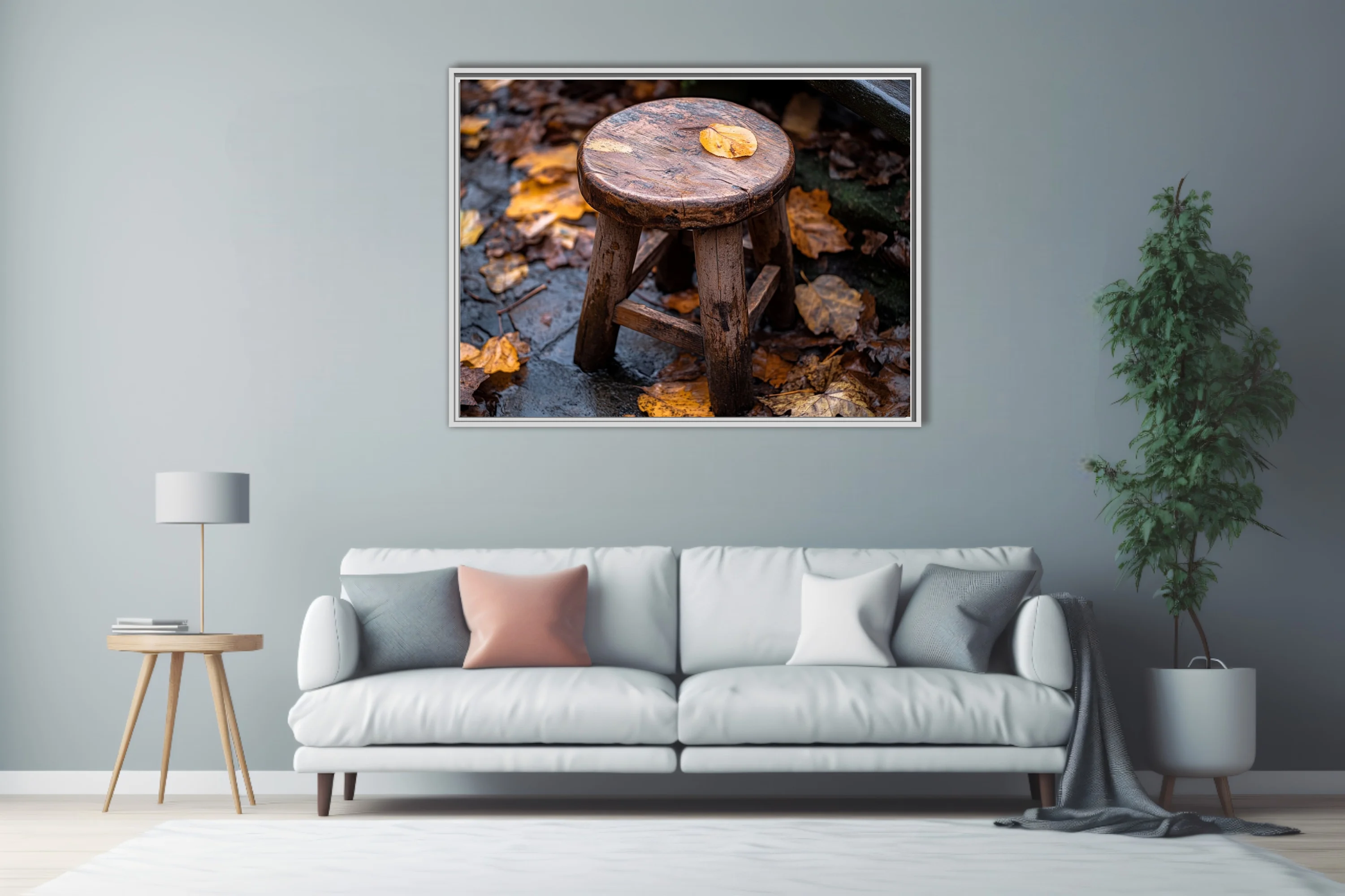 Rustic weathered wooden stool with autumn leaves, earthy amber tones, seasonal still life
