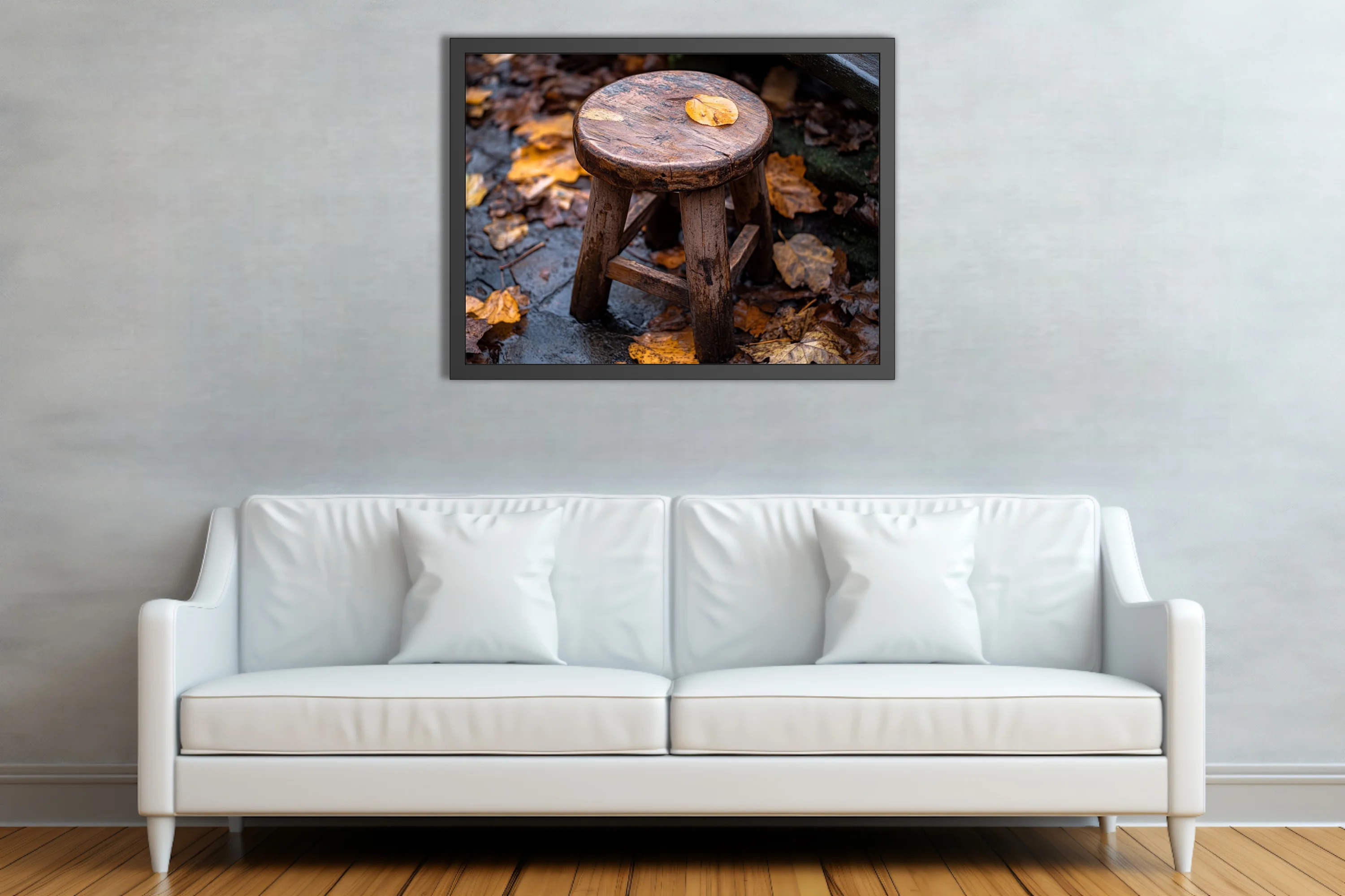 Rustic weathered wooden stool with autumn leaves, earthy amber tones, seasonal still life