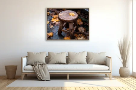 Rustic weathered wooden stool with autumn leaves, earthy amber tones, seasonal still life