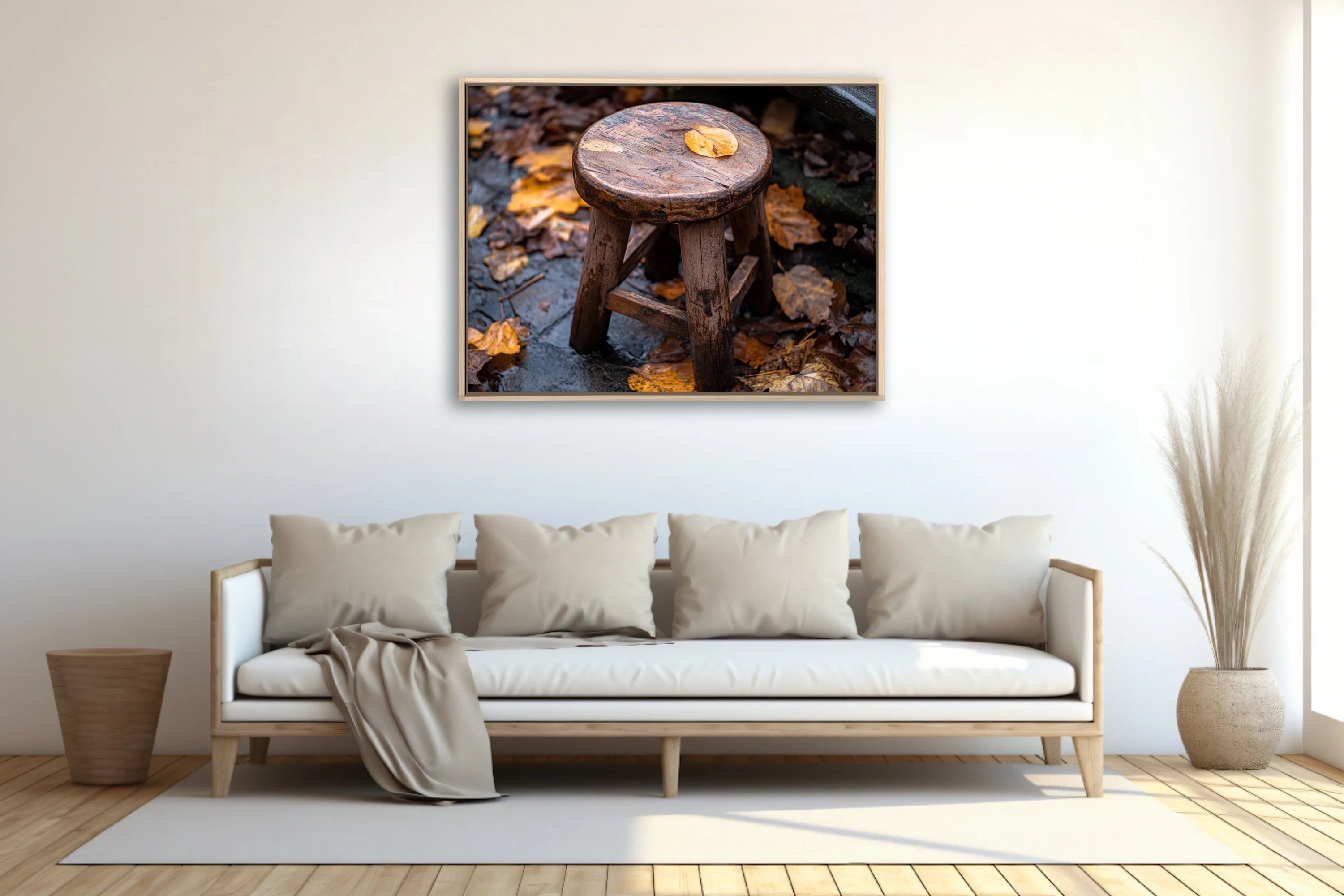 Rustic weathered wooden stool with autumn leaves, earthy amber tones, seasonal still life
