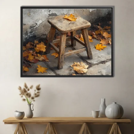 Rustic wooden stool with fallen autumn leaves on weathered stone, painterly earthy-toned still life