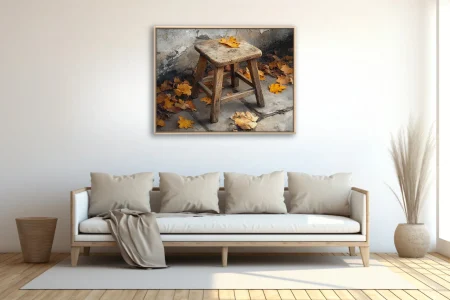 Rustic wooden stool with fallen autumn leaves on weathered stone, painterly earthy-toned still life