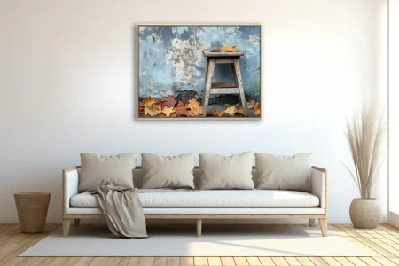 Rustic wooden stool with autumn leaves against peeling blue wall