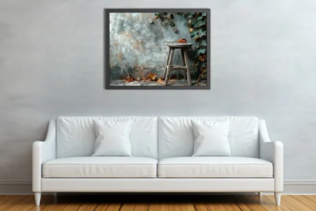 Rustic autumn still life — weathered stool, fallen leaves, ivy, textured grey wall