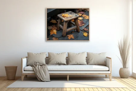 Rustic weathered wooden stool with autumn leaves on slate — earthy tones