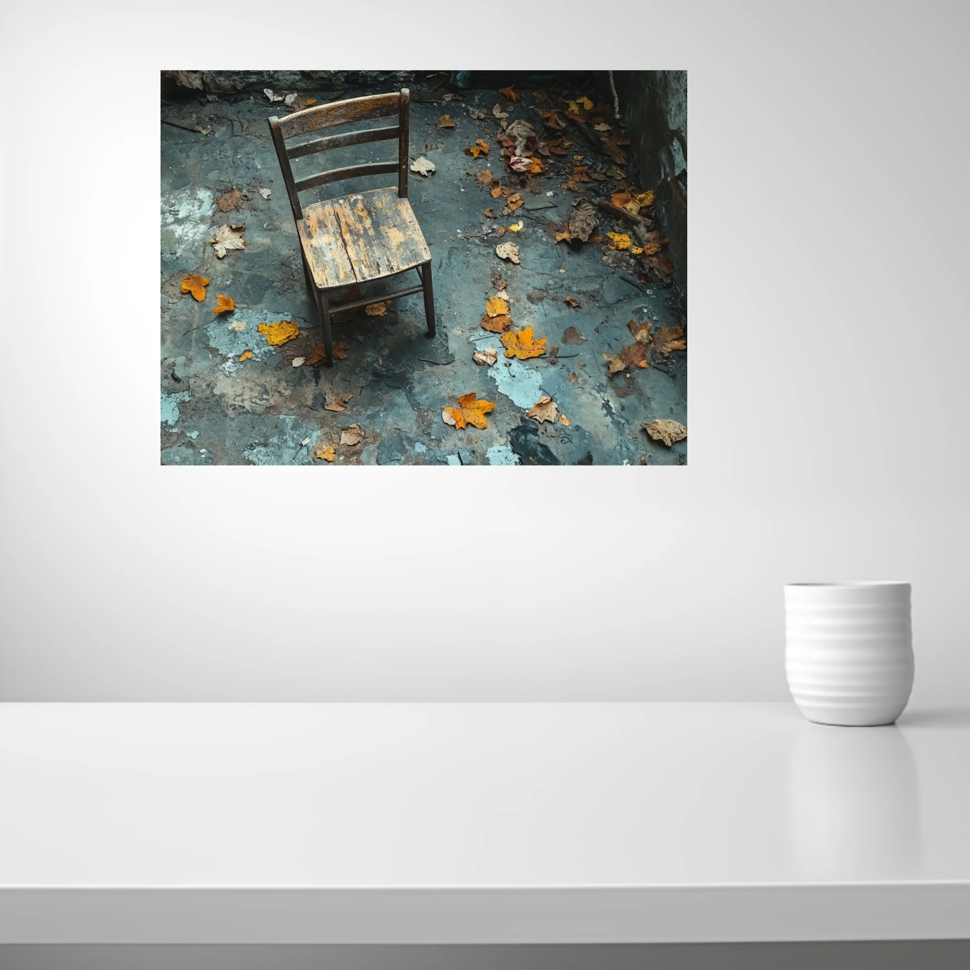 Weathered wooden chair among autumn leaves in abandoned decayed interior, moody blue-grey tones