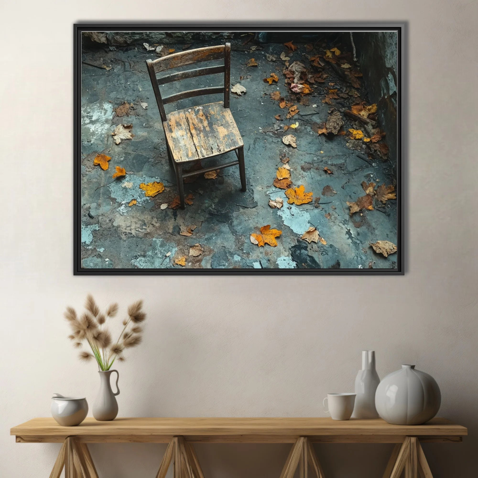 Weathered wooden chair among autumn leaves in abandoned decayed interior, moody blue-grey tones