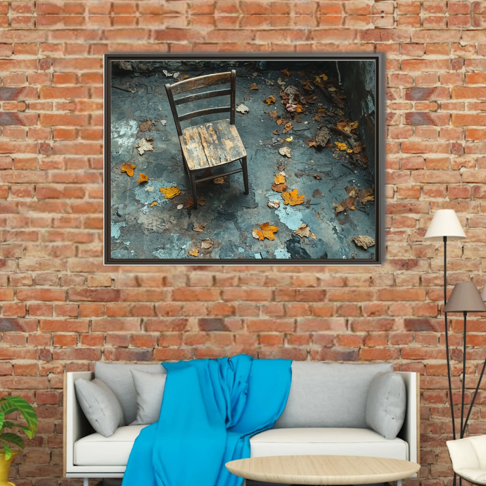Weathered wooden chair among autumn leaves in abandoned decayed interior, moody blue-grey tones